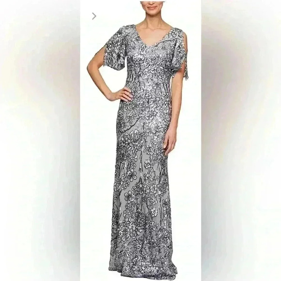 Alex Evenings V-Neck A-Line Sequin Dress with Cold Shoulder Flutter Sleeve 14P - Picture 1 of 7